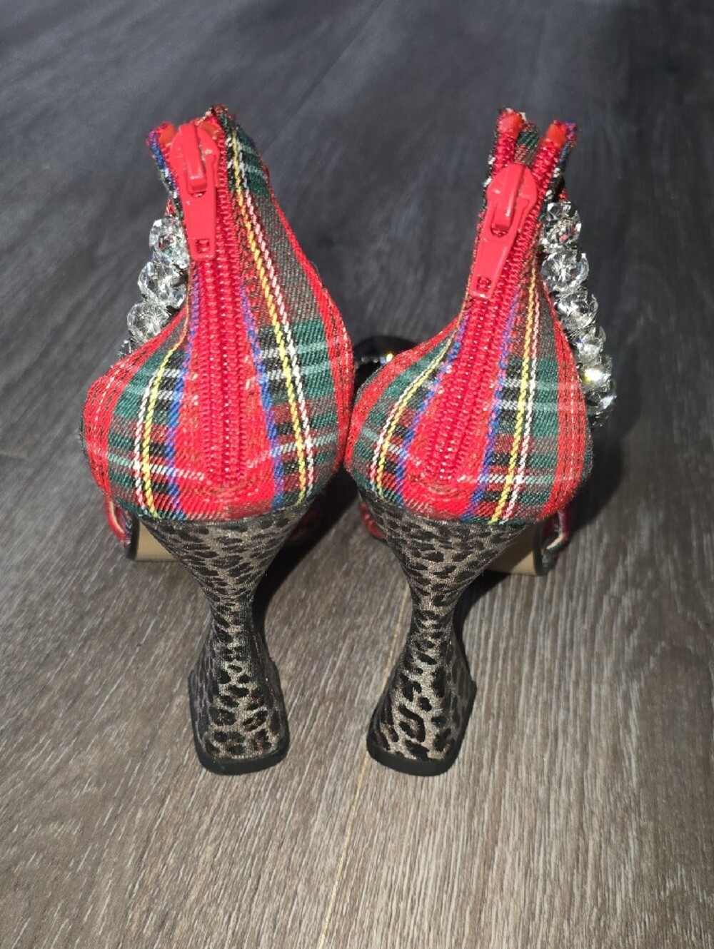 Betsey Johnson Red Plaid Jeweled Bow Leopard Block Heels - Picture 4 of 6